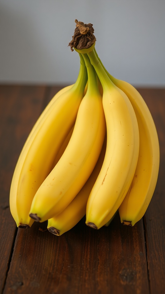 A bunch of ripe bananas on a wooden table.