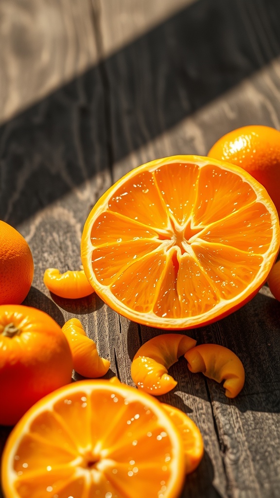 A vibrant display of oranges, including a halved orange revealing its juicy interior.