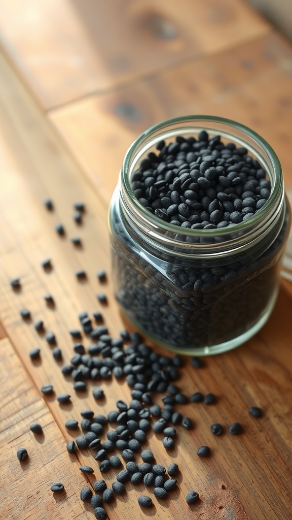 A jar of chia seeds with some seeds spilled on a wooden surface.