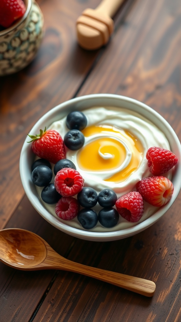 A bowl of Greek yogurt topped with blueberries, raspberries, and a drizzle of honey on a wooden table.