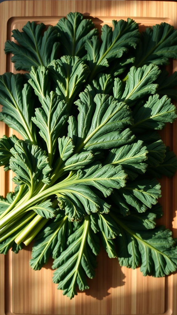 Fresh kale leaves on a wooden cutting board