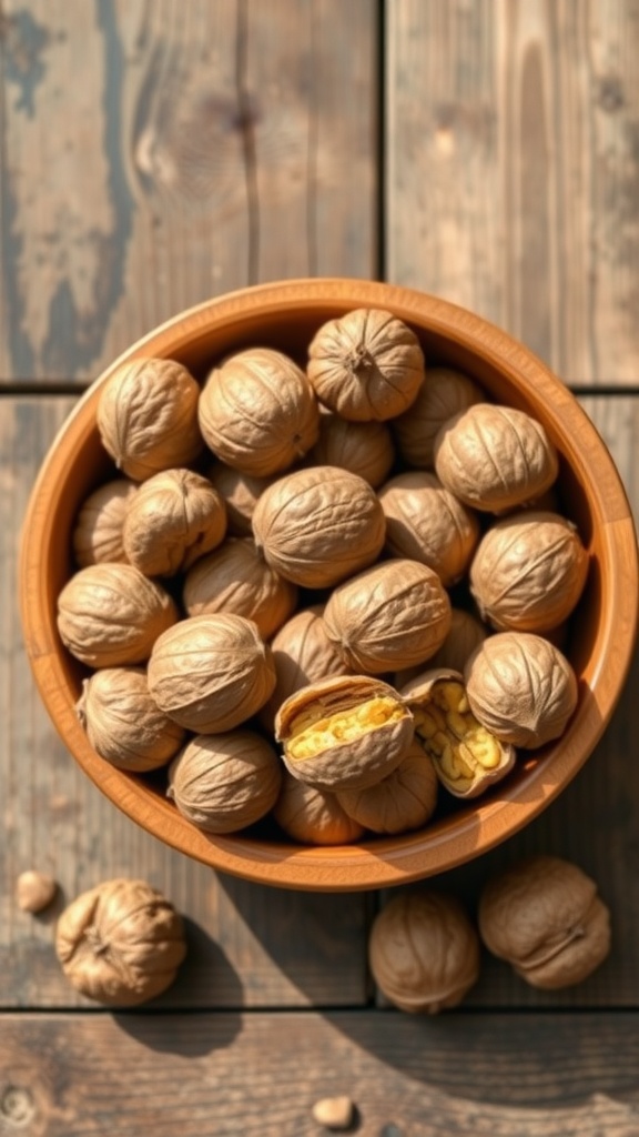 A bowl of walnuts, some whole and some cracked open, on a wooden surface.