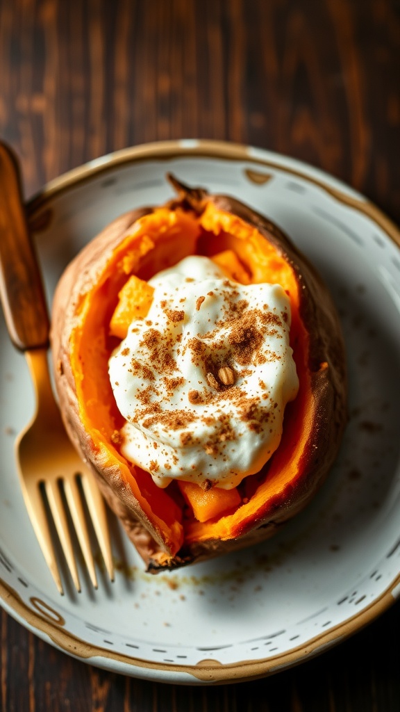 Baked sweet potato topped with cream and cinnamon on a plate with a fork