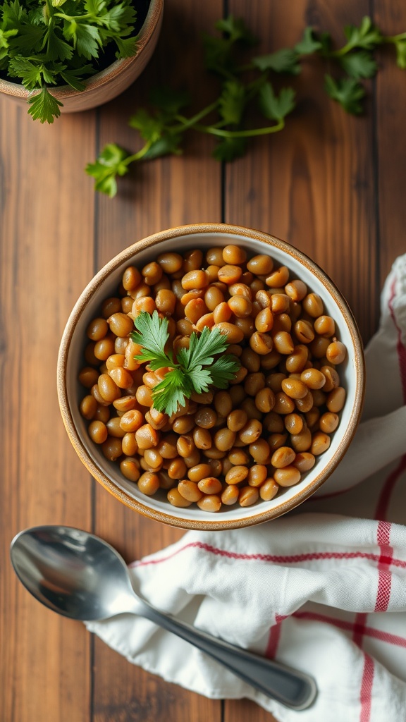 Bowl of cooked lentils garnished with parsley on a wooden table