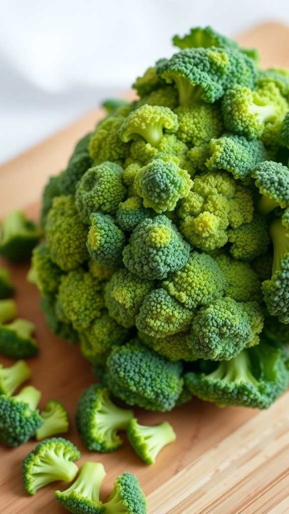 Fresh broccoli on a wooden cutting board with some florets cut off.