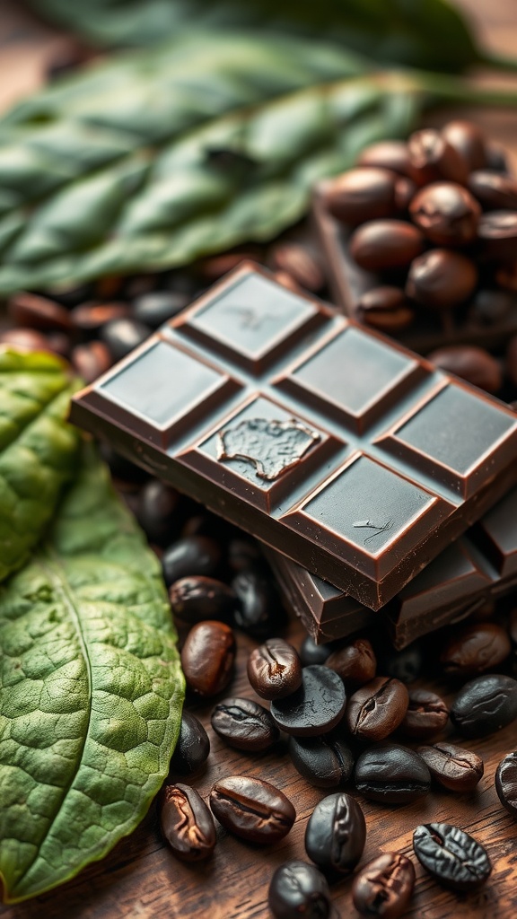 Dark chocolate bars with coffee beans and cocoa leaves