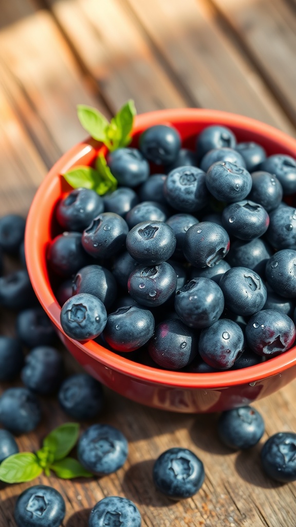 A bowl of fresh blueberries on a wooden surface