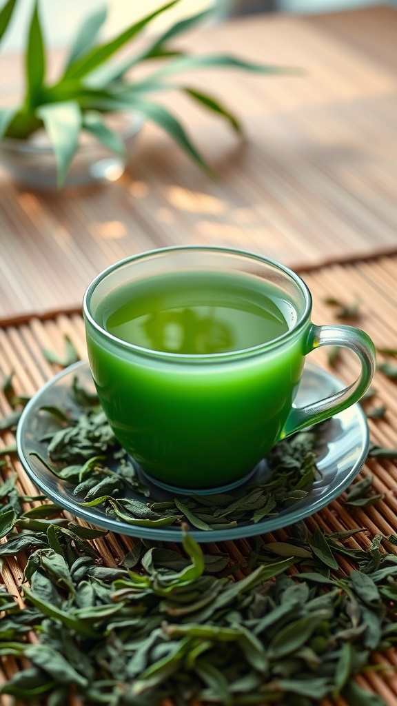 A cup of green tea on a plate, surrounded by green tea leaves, with a plant in the background.