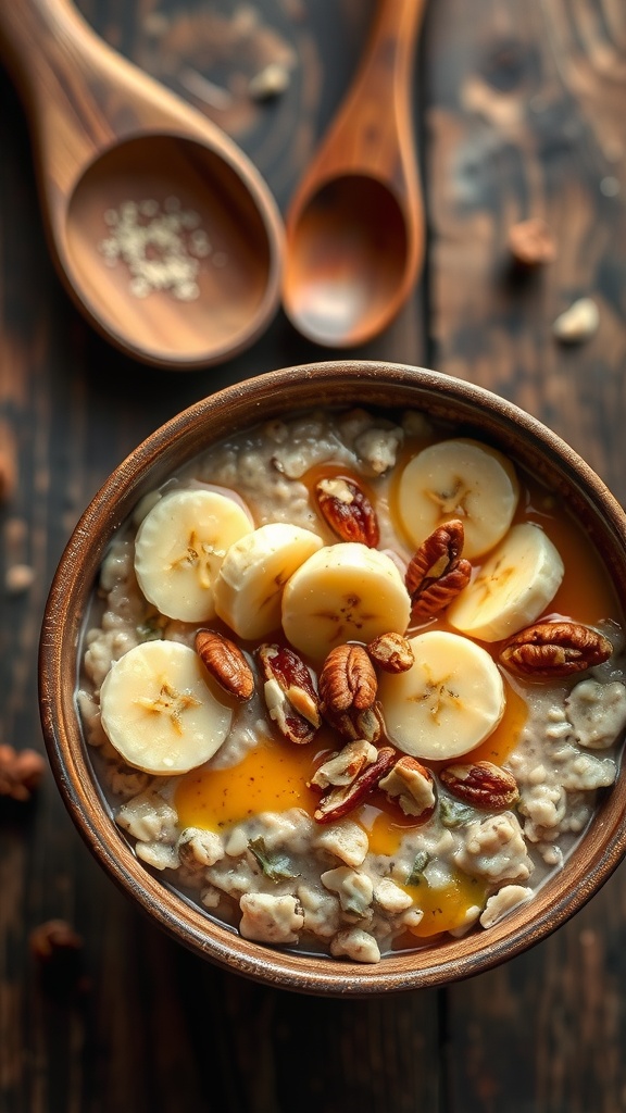 A bowl of oatmeal topped with banana slices and pecans, with wooden spoons in the background.