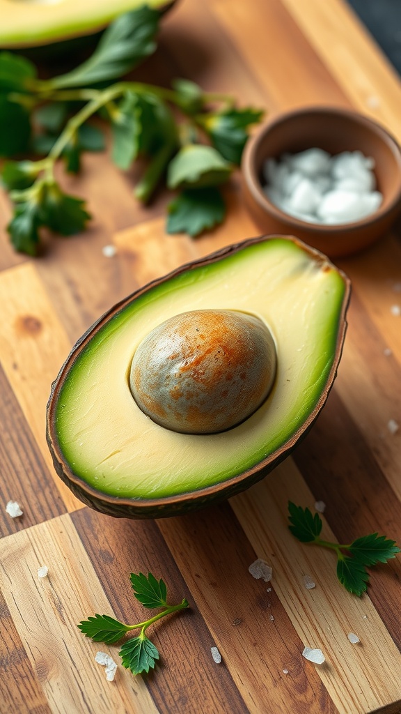 A halved avocado with a pit, surrounded by fresh herbs and a bowl of salt on a wooden cutting board.