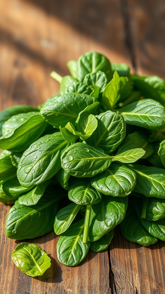 A fresh pile of spinach leaves on a wooden surface