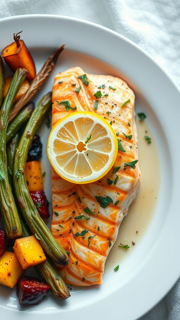 A plate of salmon with lemon and green beans, showcasing a healthy meal.