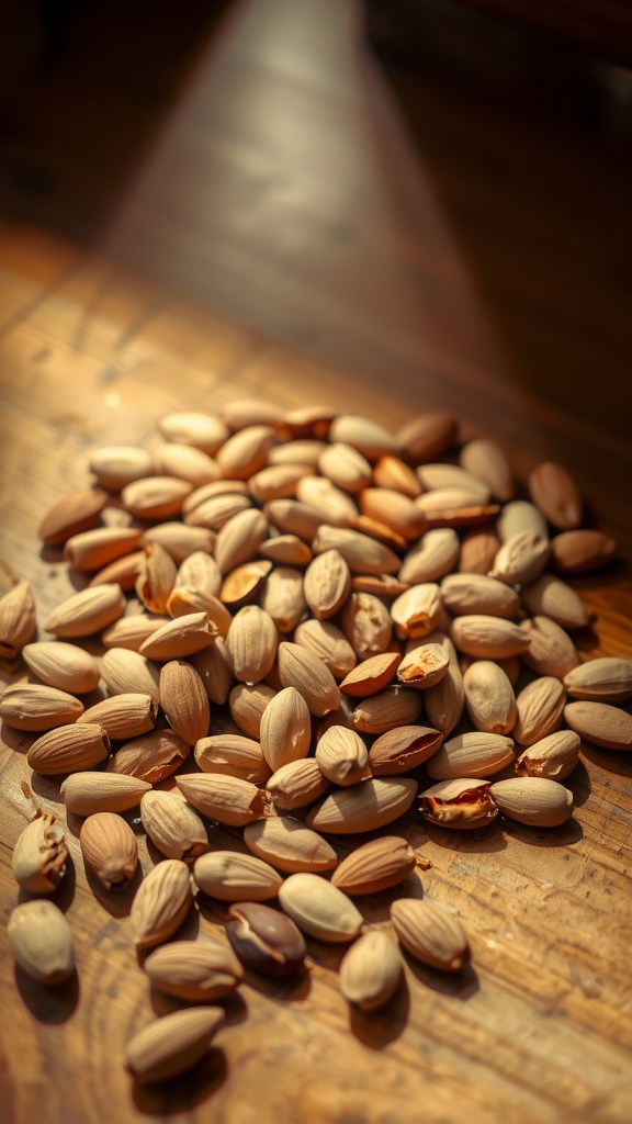 A pile of almonds on a wooden surface, illuminated by soft light.