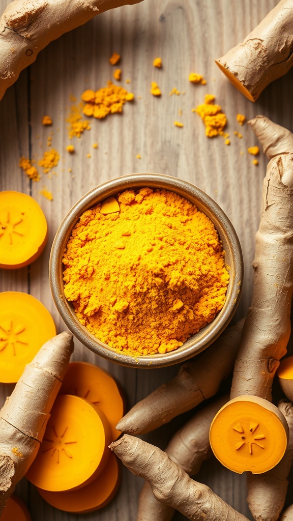 A bowl of turmeric powder surrounded by fresh turmeric roots and turmeric discs on a wooden surface.
