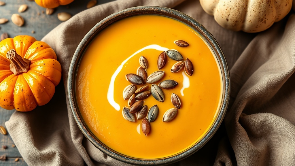 A bowl of creamy butternut squash soup with seeds on top, beside a decorative pumpkin.