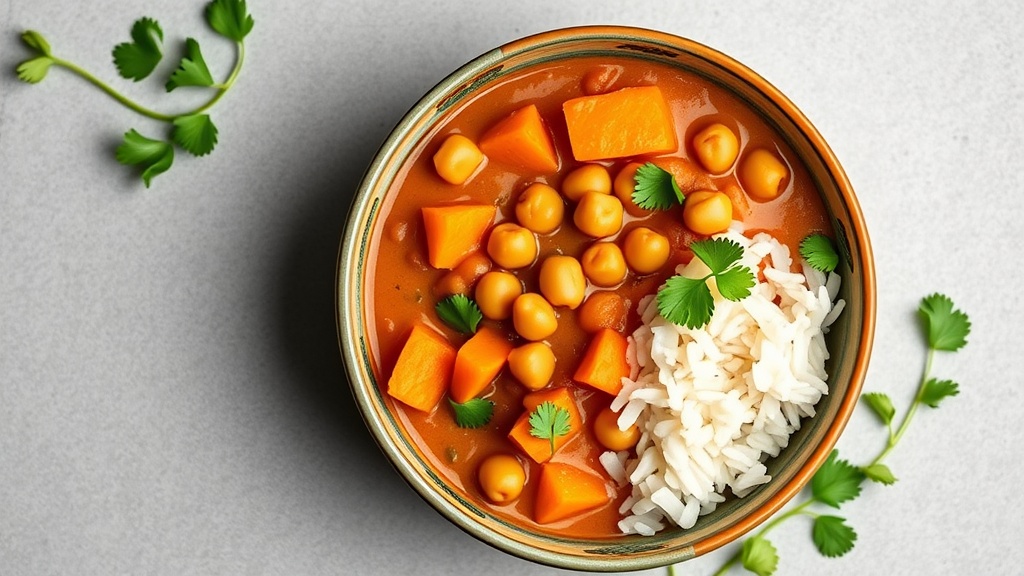 Bowl of chickpea and sweet potato curry with rice, garnished with cilantro.