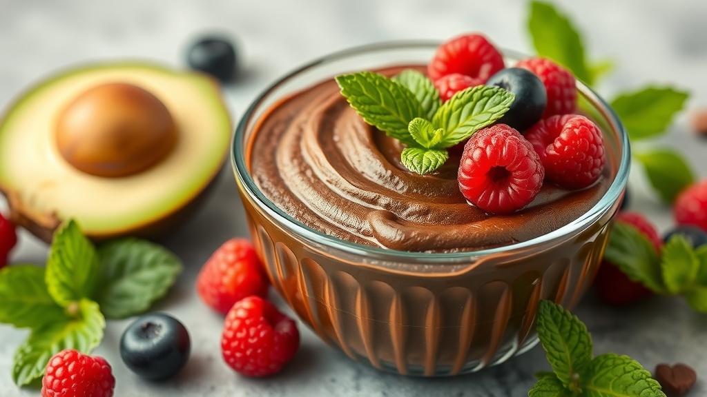 A bowl of chocolate avocado mousse topped with raspberries and blueberries, with a halved avocado beside it.