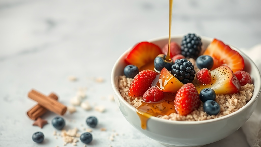 Bowl of cinnamon oatmeal topped with various fruits and drizzled with syrup.