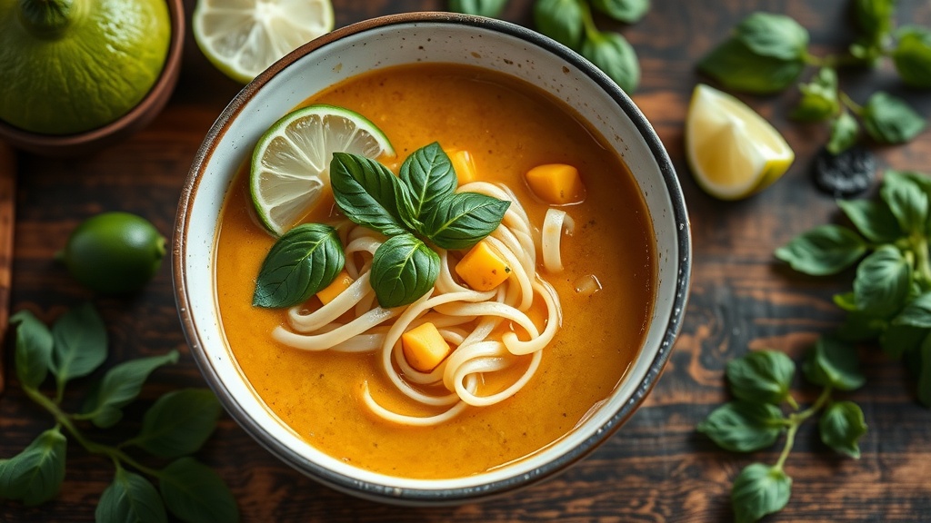 A bowl of Coconut Curry Noodle Soup garnished with lime and basil.