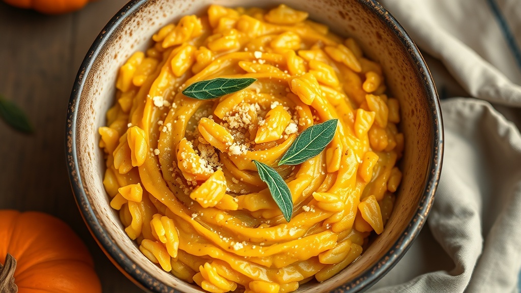 A bowl of creamy pumpkin risotto topped with green leaves.