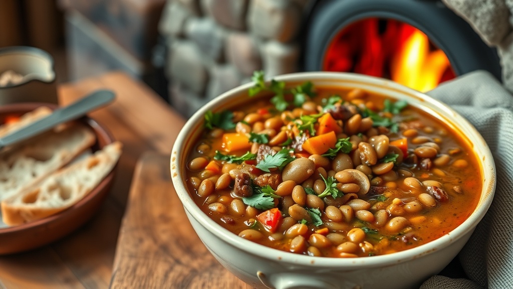 A bowl of hearty lentil and vegetable stew with a side of bread, sitting near a cozy fireplace.