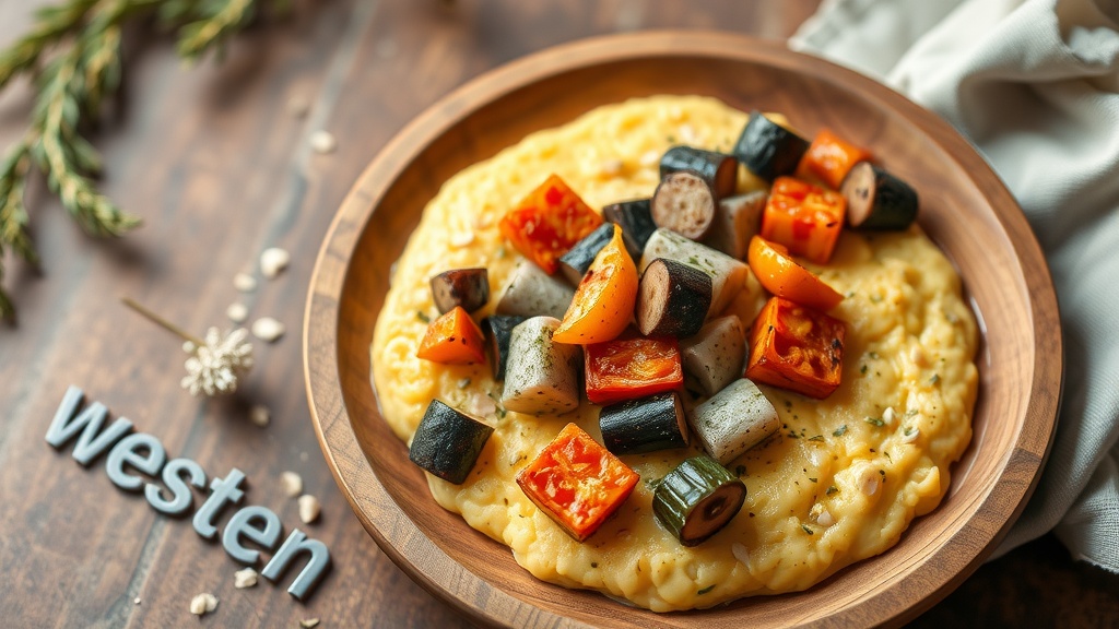 A bowl of herbed polenta topped with roasted vegetables.