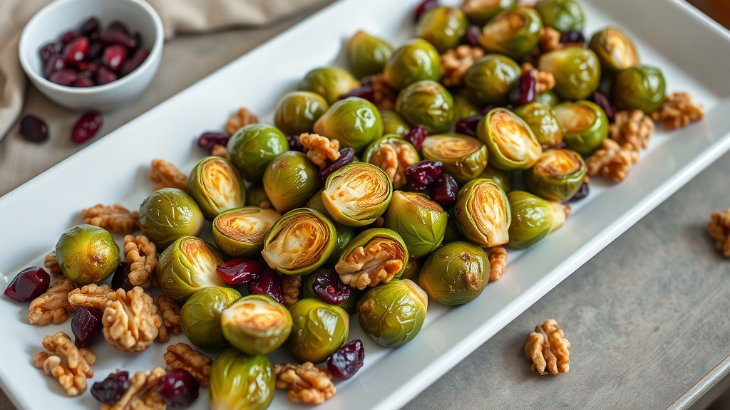 A platter of maple glazed Brussels sprouts with walnuts and cranberries, perfect for winter.