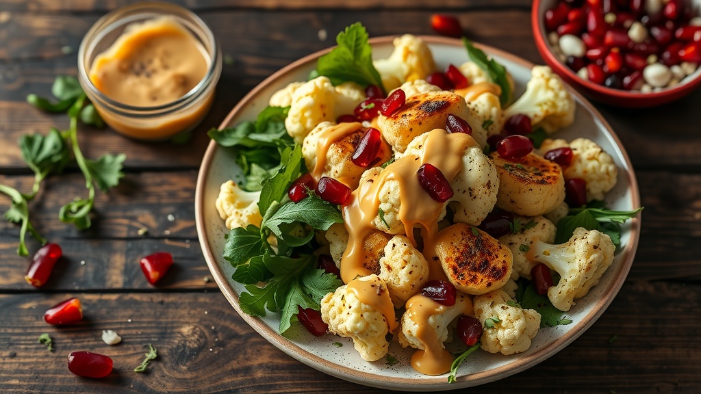 A plate of roasted cauliflower salad drizzled with tahini dressing, garnished with greens and pomegranate seeds.