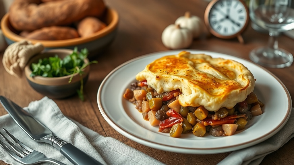 A plate of vegan shepherd's pie featuring a golden mashed potato topping over a mix of colorful vegetables.