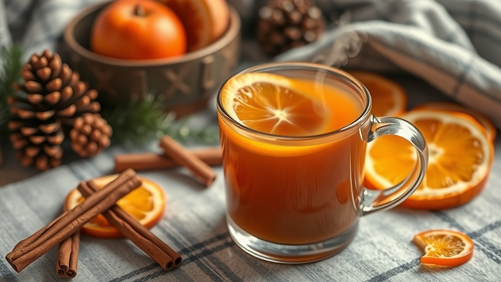 A cozy cup of spiced apple cider with slices of orange and cinnamon sticks, surrounded by pine cones and orange fruits.