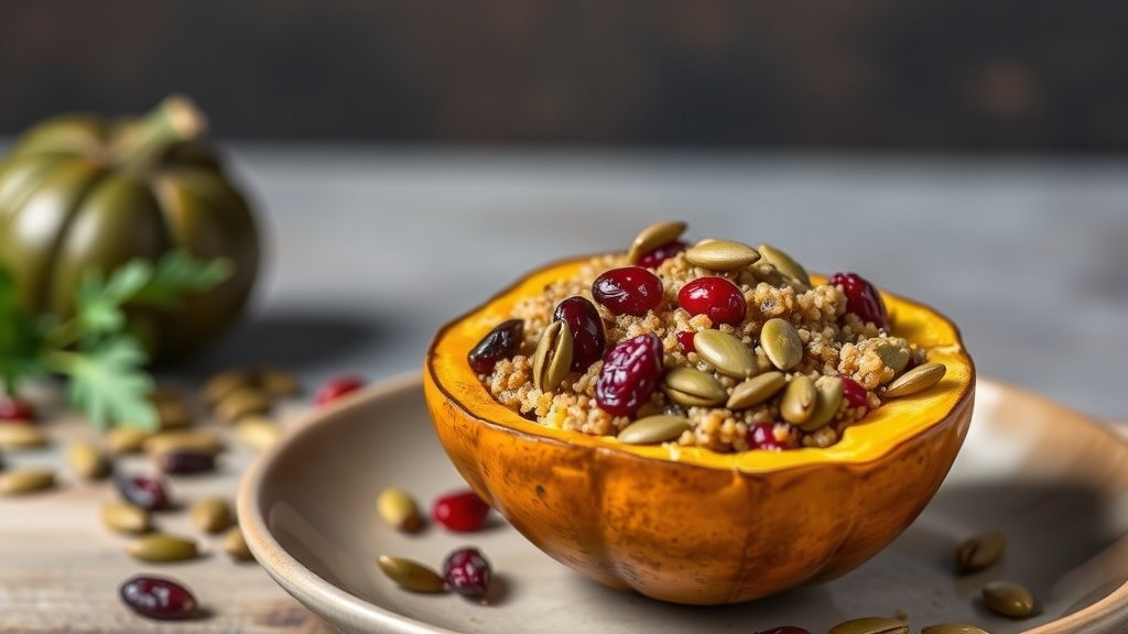 A stuffed acorn squash filled with quinoa, beans, and garnished with pumpkin seeds, surrounded by ingredients.