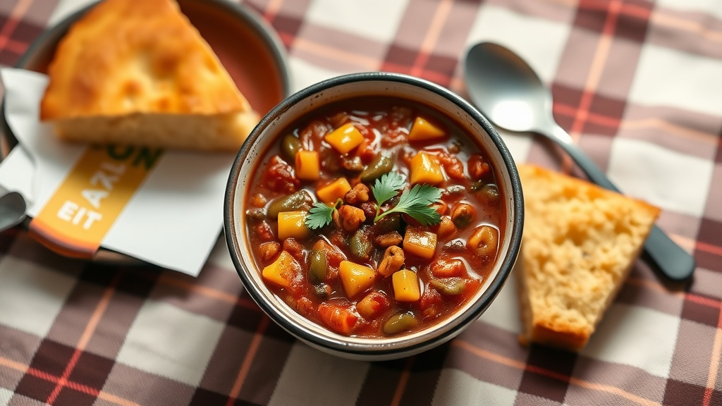 A bowl of vegan chili with chunks of vegetables, garnished with cilantro, alongside slices of cornbread.