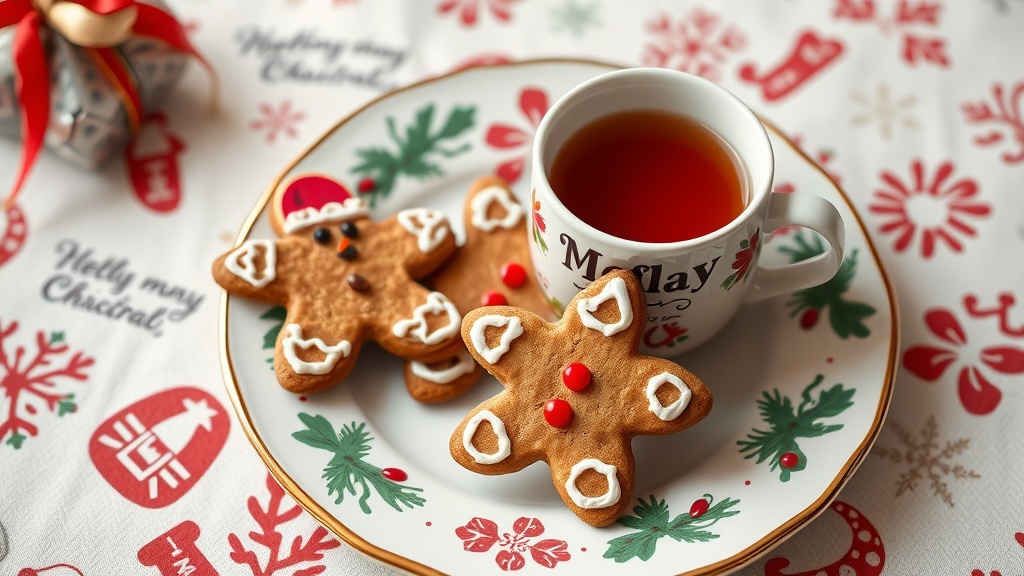 Vegan gingerbread cookies on a plate with a cup of tea