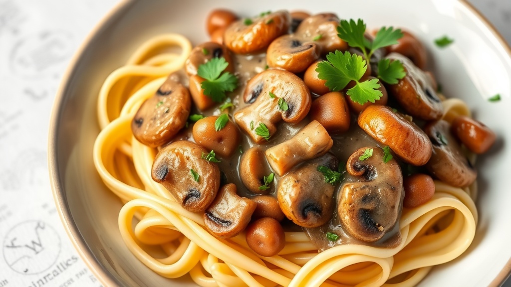 A plate of vegan mushroom stroganoff with pasta and mushrooms garnished with green herbs.