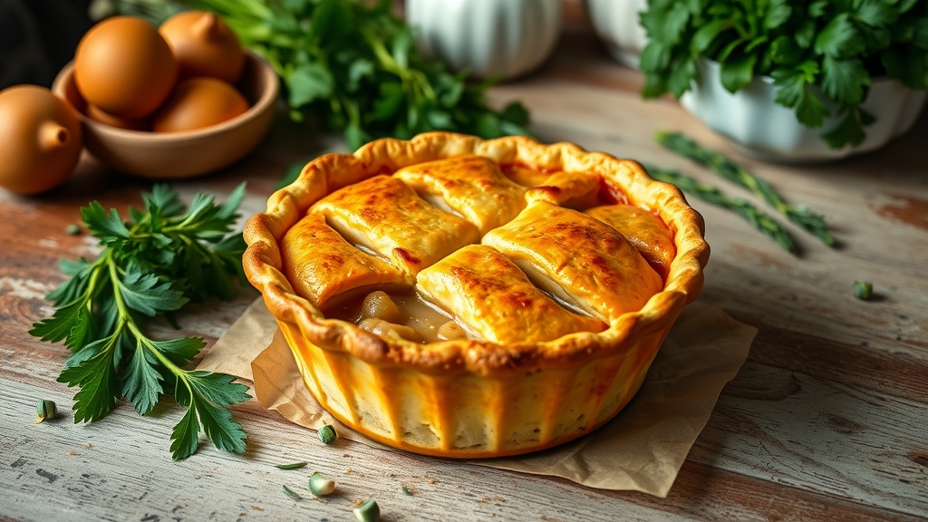 A delicious vegan pot pie with a golden flaky crust, surrounded by fresh herbs and ingredients.