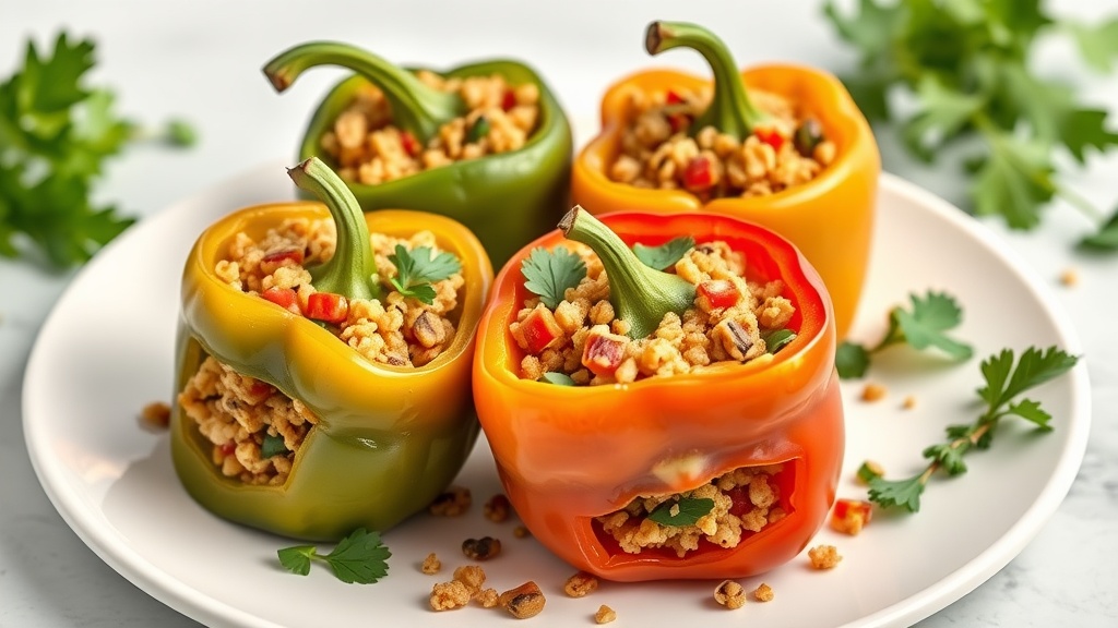 Colorful vegan stuffed peppers filled with grains and vegetables on a plate.