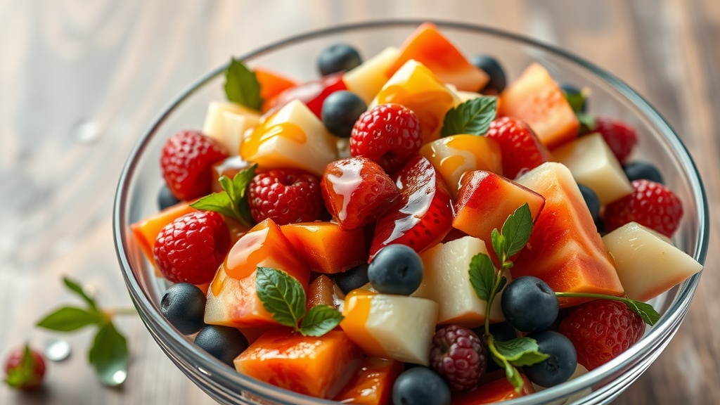 A bowl of colorful winter fruit salad featuring various fruits and a drizzle of maple dressing.