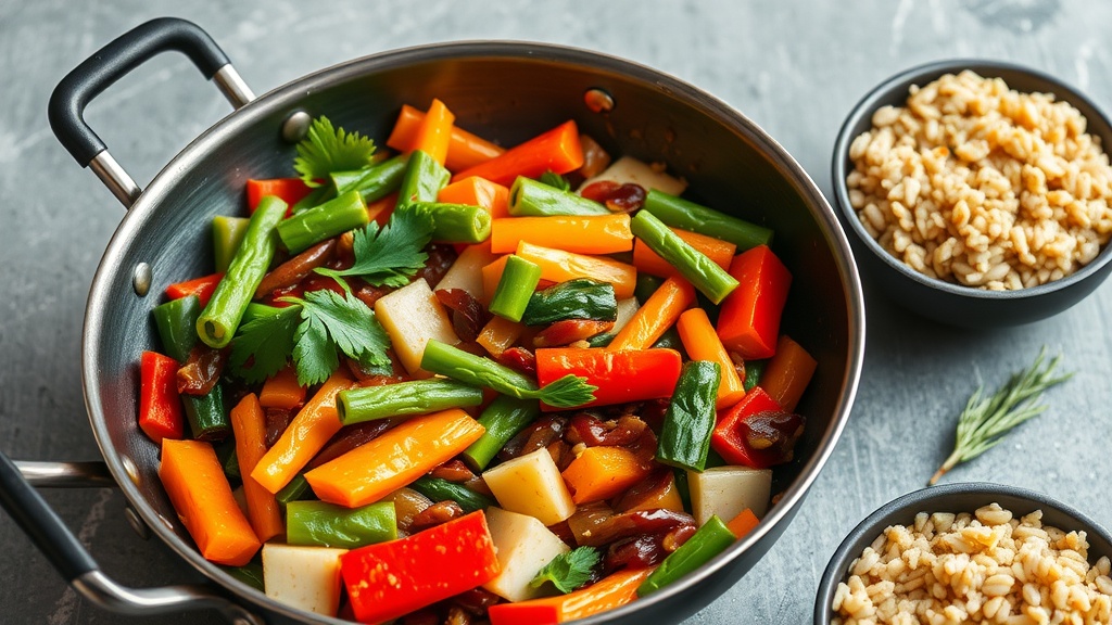 A pan of vibrant winter vegetables stir-fry with bowls of grains on the side.