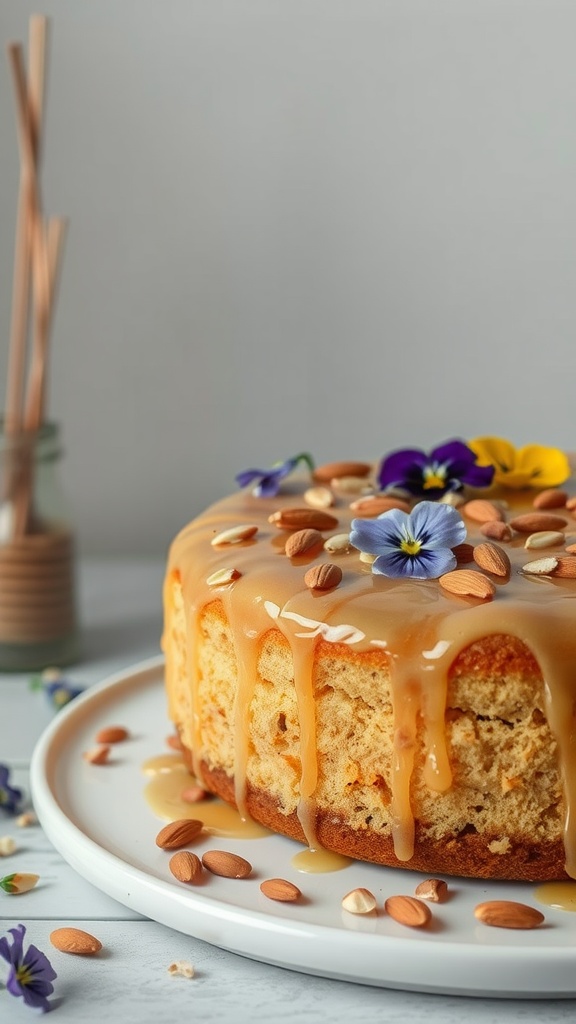 Almond flour cake with honey glaze, topped with almonds and edible flowers, on a white plate.