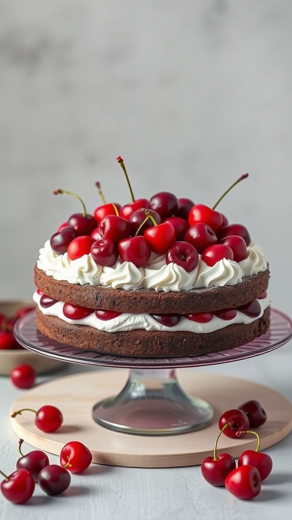 A delicious Black Forest Cake topped with cherries on a glass cake stand.