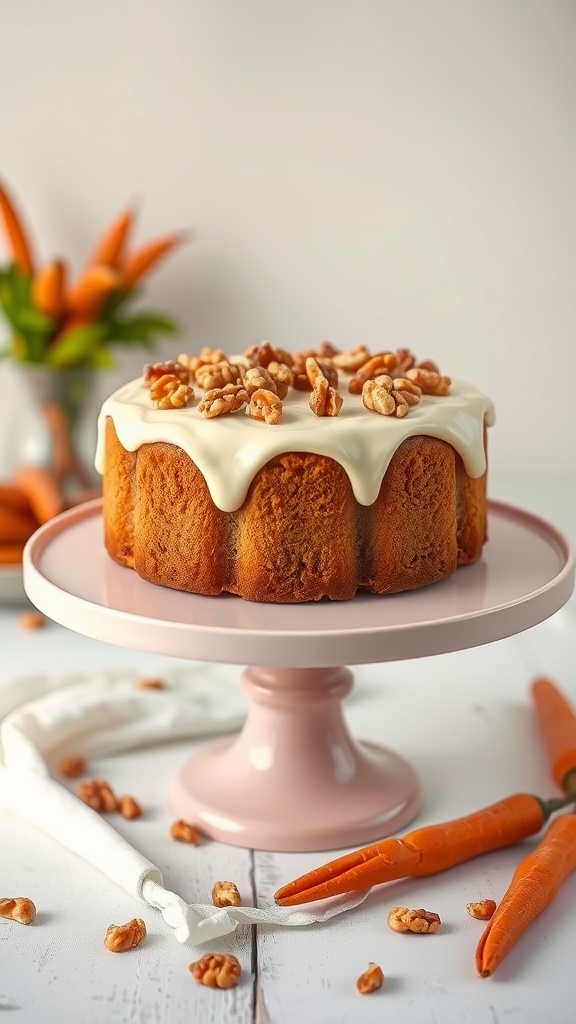 A beautifully decorated carrot cake topped with walnuts on a pink cake stand, surrounded by carrots and walnut pieces.