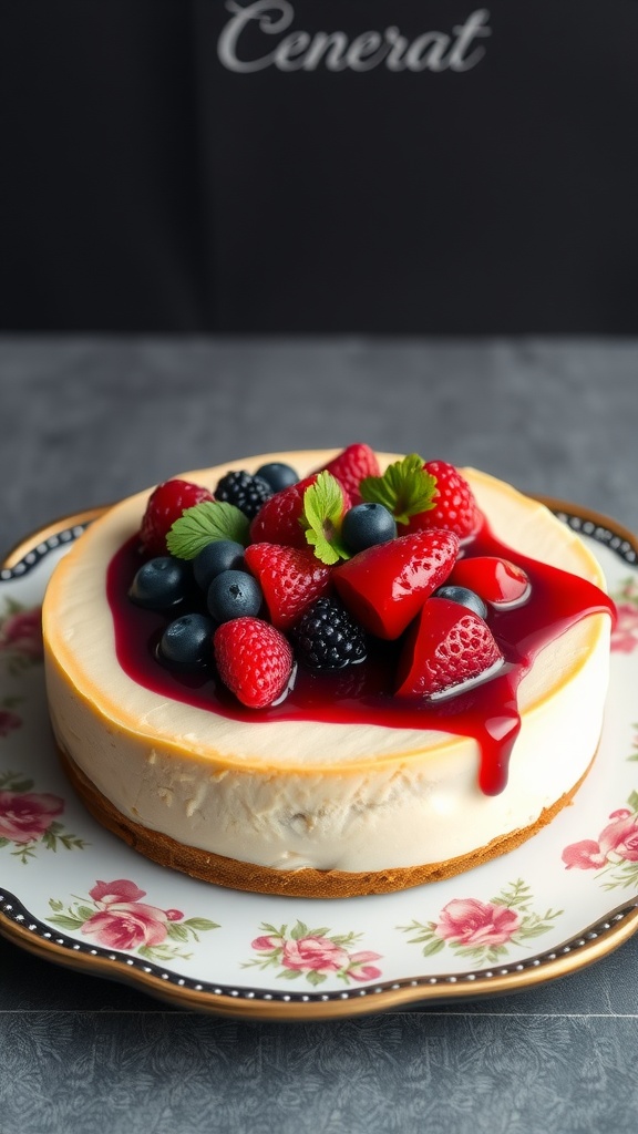 Cheesecake topped with mixed berry compote on a floral plate