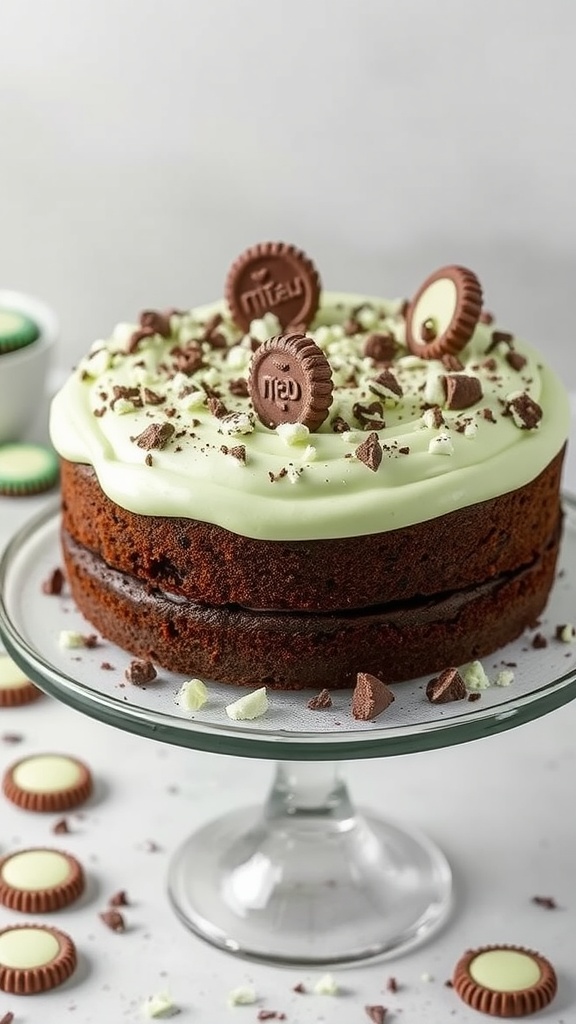 A chocolate mint cake with green frosting and Thin Mints on top, displayed on a glass cake stand.