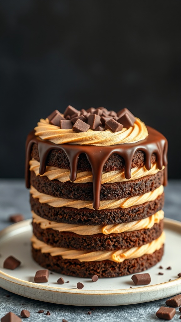 A rich chocolate peanut butter layer cake topped with chocolate ganache and chunks, showcasing its moist layers.