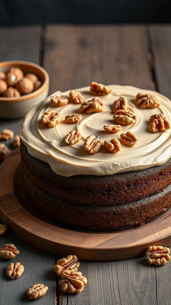 A beautifully decorated coffee and walnut cake topped with walnuts, sitting on a wooden plate.