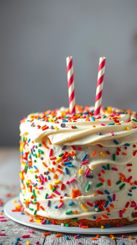 A colorful Funfetti cake with vanilla frosting and sprinkles, featuring two striped straws on top.