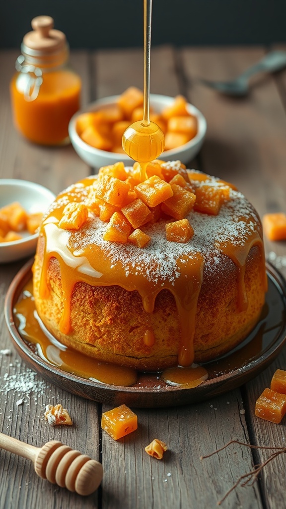 Honeycomb cake topped with honey drizzle and chunks of honeycomb