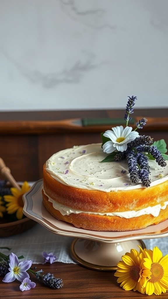 A beautiful lavender honey cake topped with fresh lavender and edible flowers, displayed elegantly on a plate.