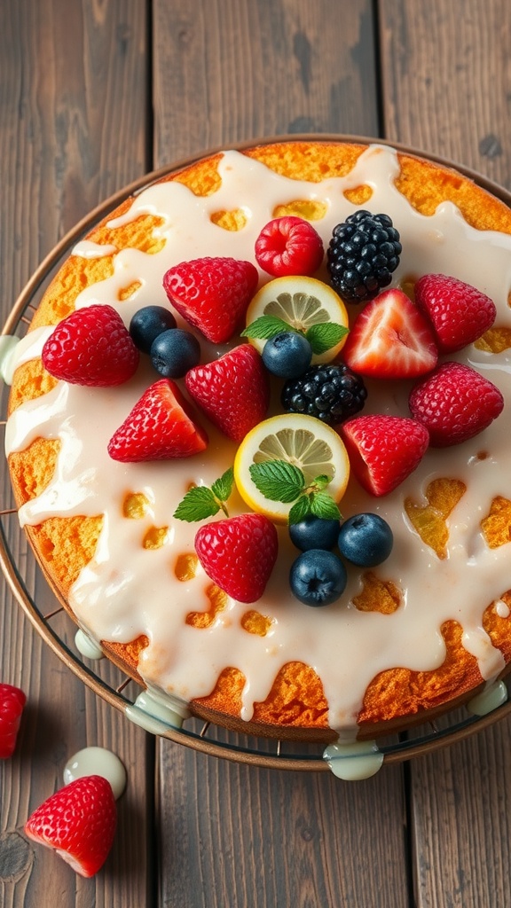 A Lemon Drizzle Cake topped with fresh berries, including strawberries, blueberries, and raspberries, presented on a wooden table.