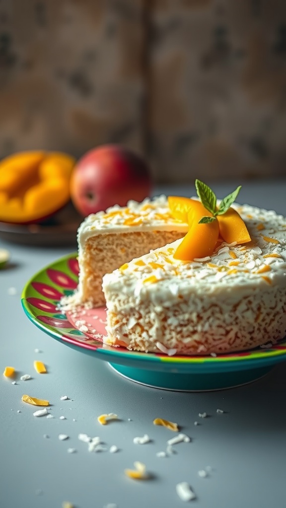 A mango coconut cake topped with fresh mango slices and coconut flakes, with a slice cut out and a colorful plate.